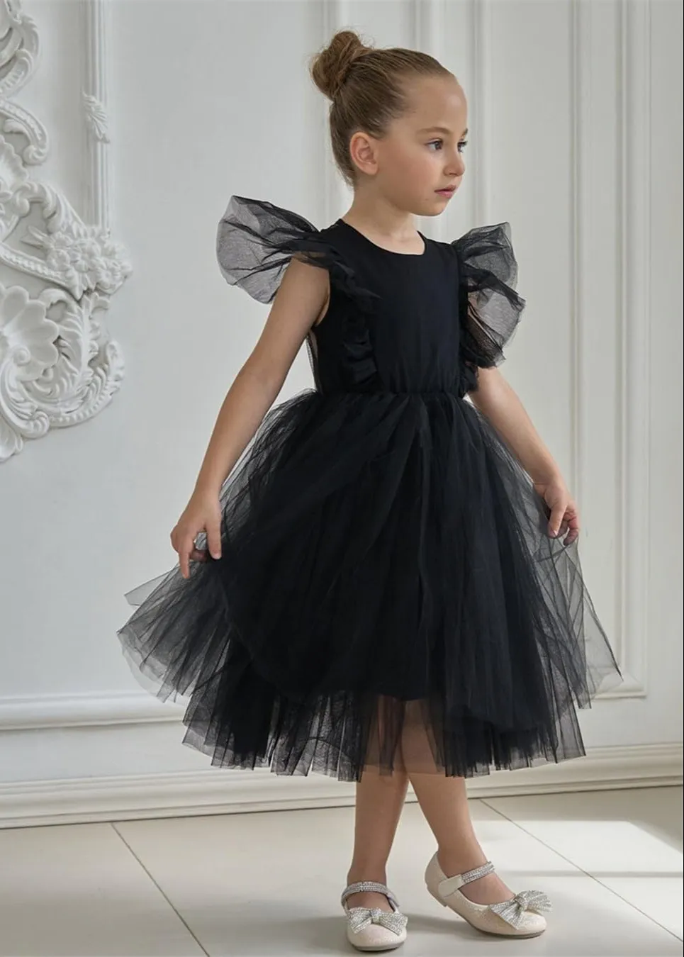 Sheer Back Mesh Backless Tulle Girl Dress in Black