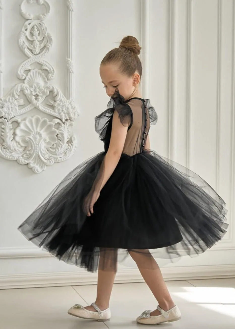 Sheer Back Mesh Backless Tulle Girl Dress in Black