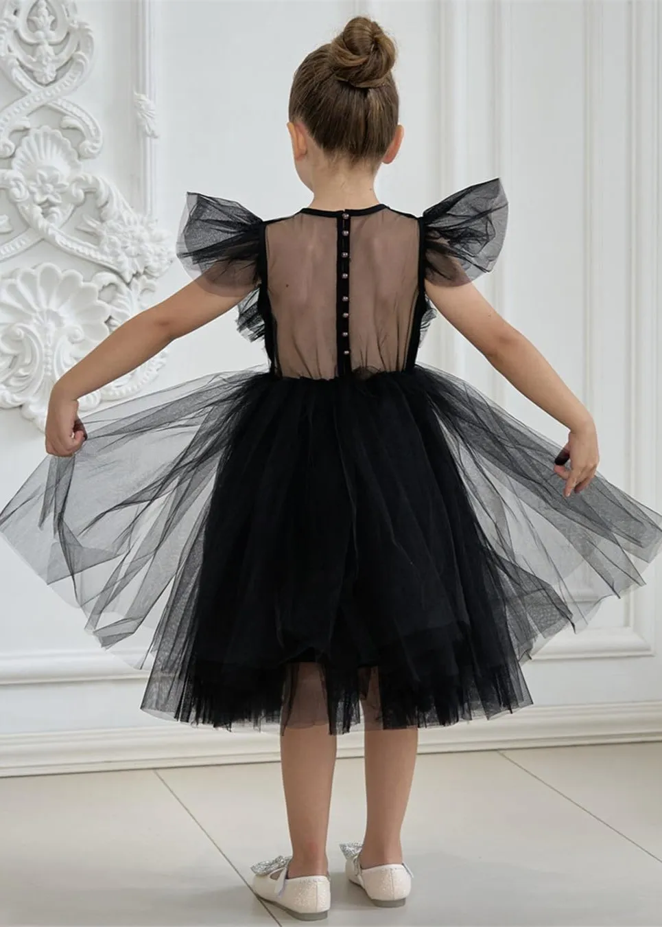 Sheer Back Mesh Backless Tulle Girl Dress in Black
