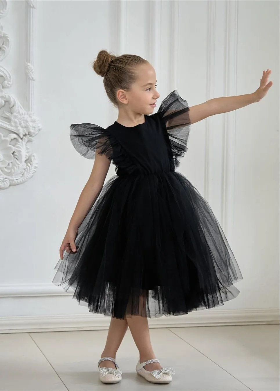 Sheer Back Mesh Backless Tulle Girl Dress in Black