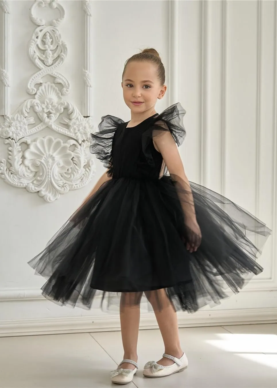 Sheer Back Mesh Backless Tulle Girl Dress in Black