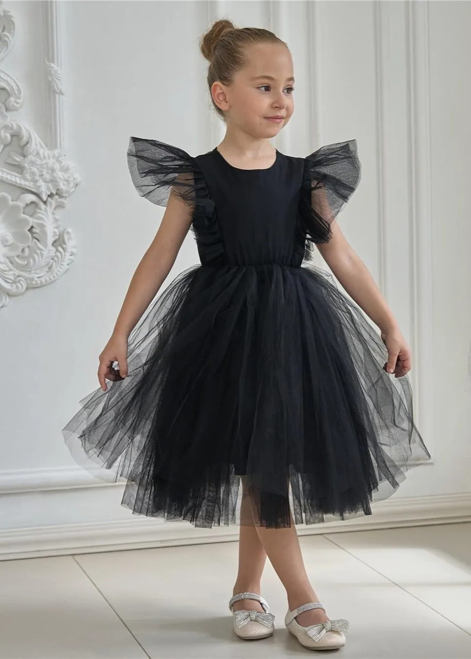 Sheer Back Mesh Backless Tulle Girl Dress in Black