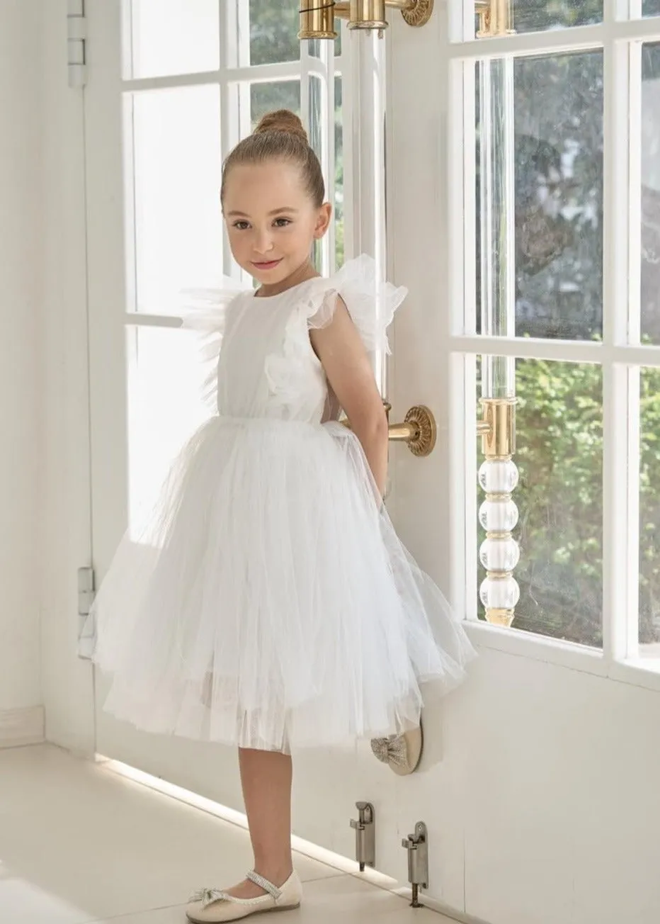 Sheer Back Mesh Backless Tulle Girl Dress in White