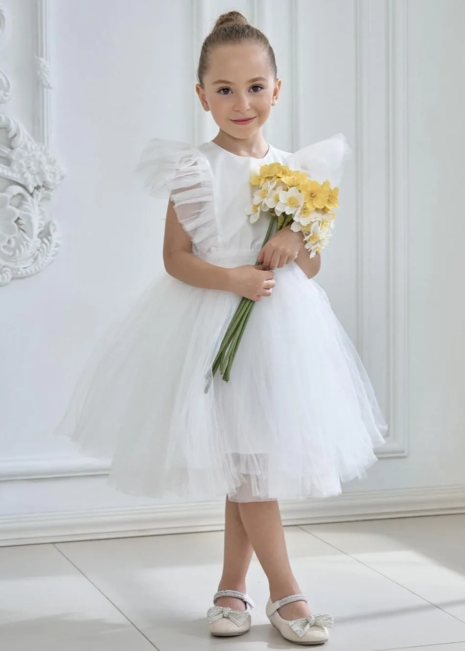 Sheer Back Mesh Backless Tulle Girl Dress in White