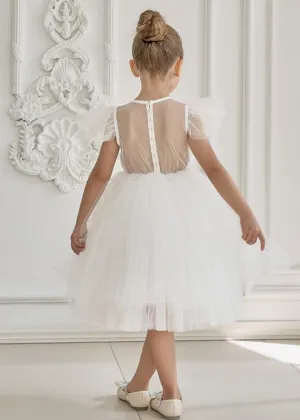 Sheer Back Mesh Backless Tulle Girl Dress in White
