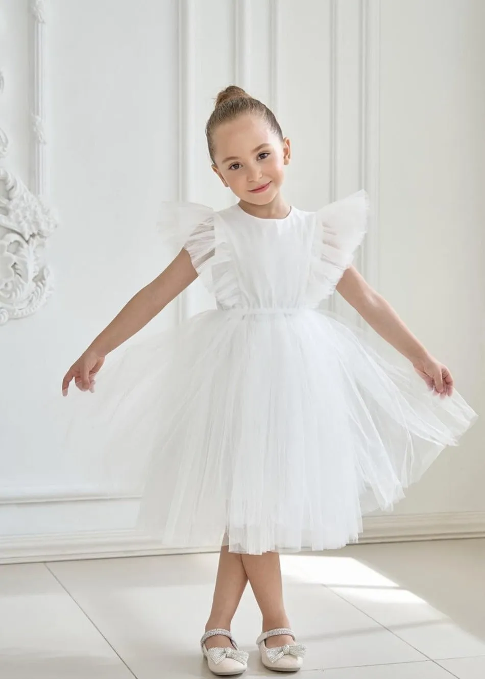 Sheer Back Mesh Backless Tulle Girl Dress in White