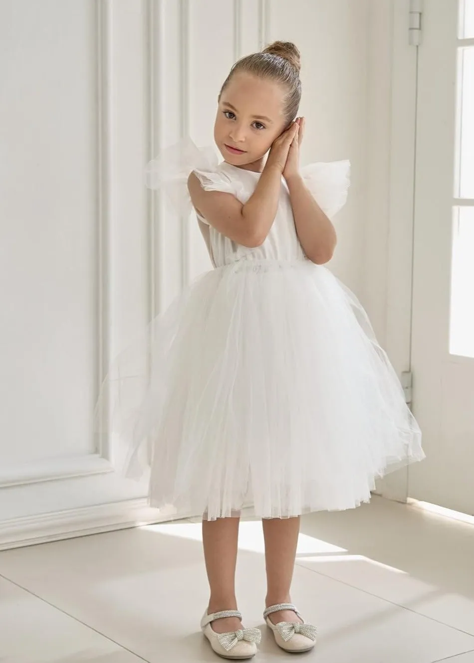 Sheer Back Mesh Backless Tulle Girl Dress in White
