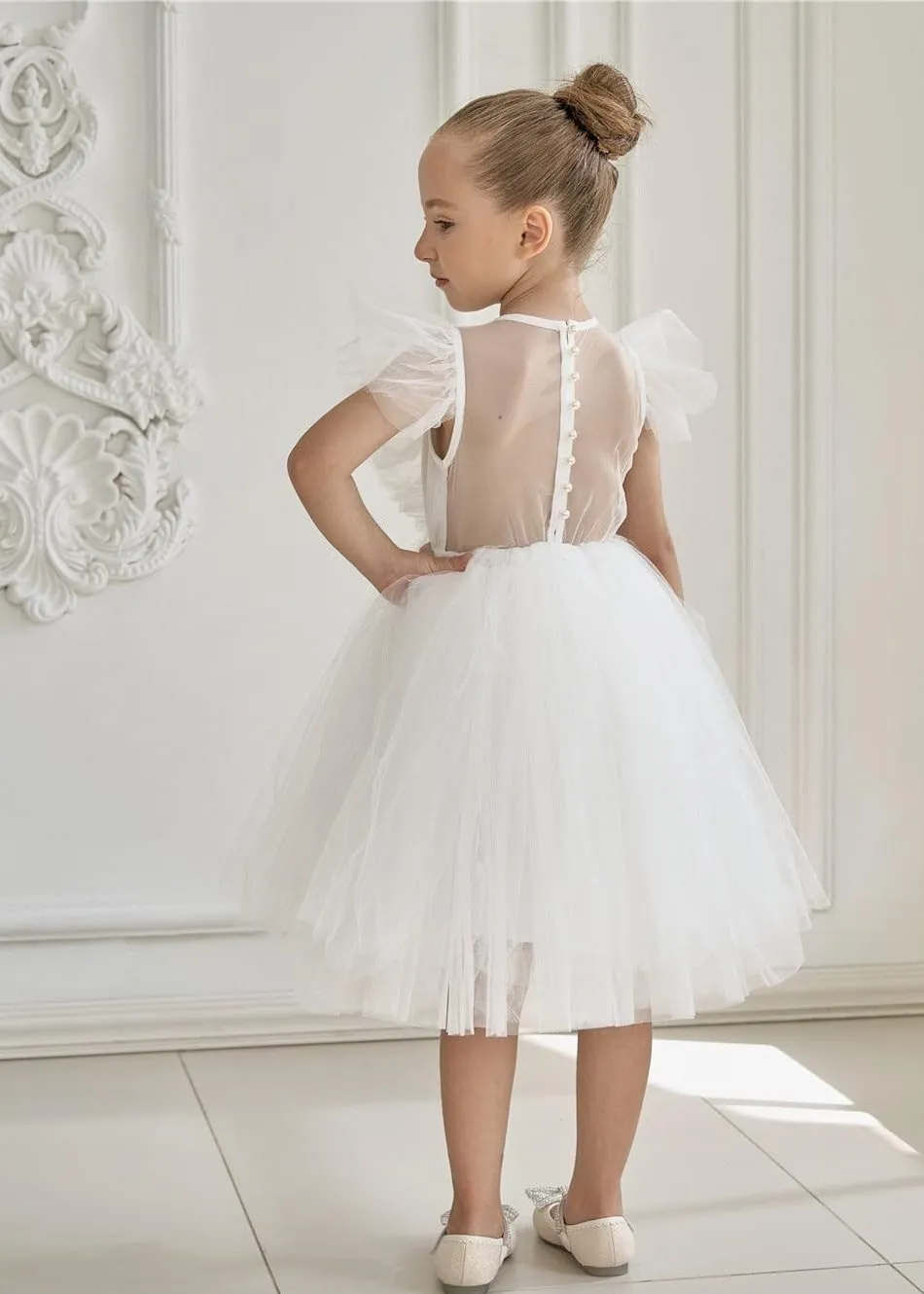 Sheer Back Mesh Backless Tulle Girl Dress in White