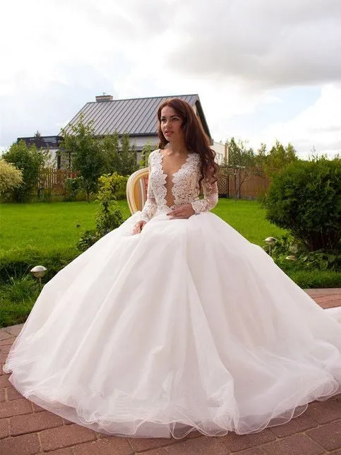 Sheer Lace Sleeves Bridal Dresses with Deep Plunging
