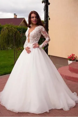 Sheer Lace Sleeves Bridal Dresses with Deep Plunging