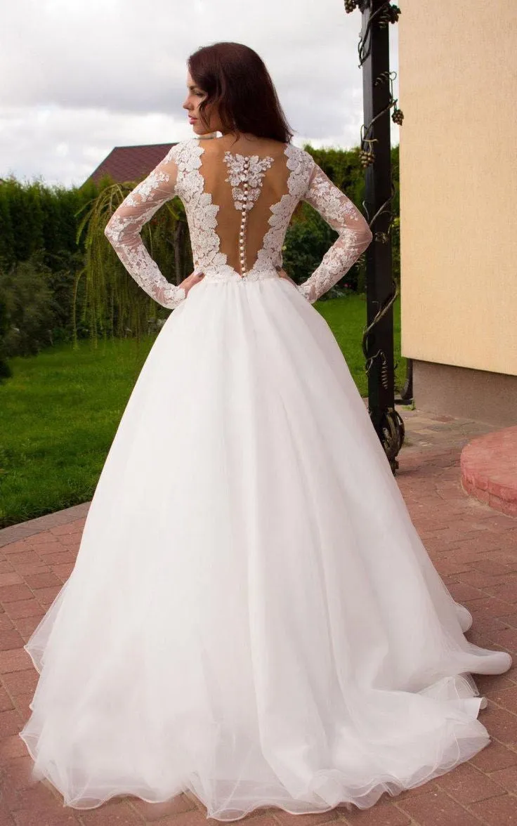 Sheer Lace Sleeves Bridal Dresses with Deep Plunging