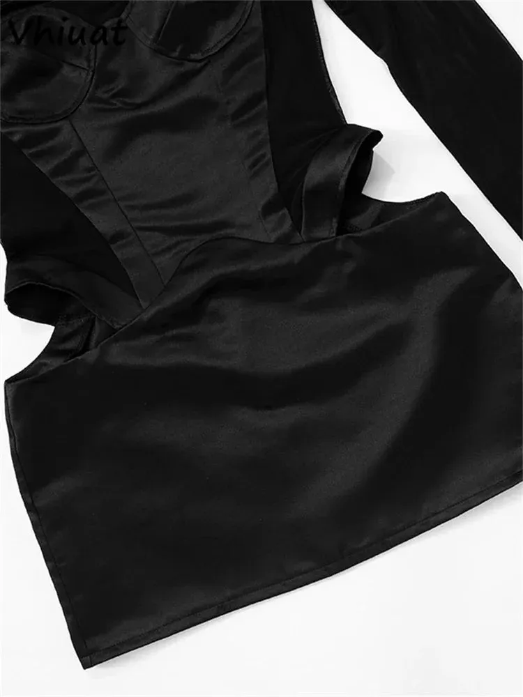 Sheer Mesh Long Sleeve Satin Mini Dress – Sexy High Neck Bodycon Partywear