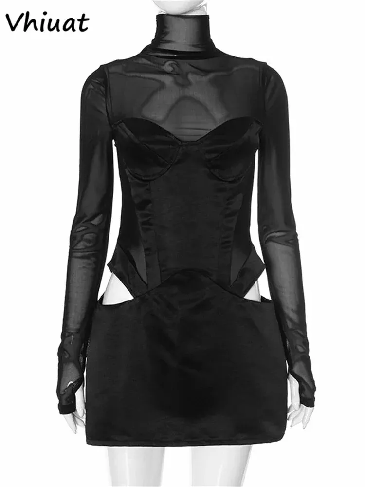 Sheer Mesh Long Sleeve Satin Mini Dress – Sexy High Neck Bodycon Partywear