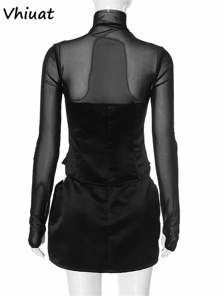 Sheer Mesh Long Sleeve Satin Mini Dress – Sexy High Neck Bodycon Partywear
