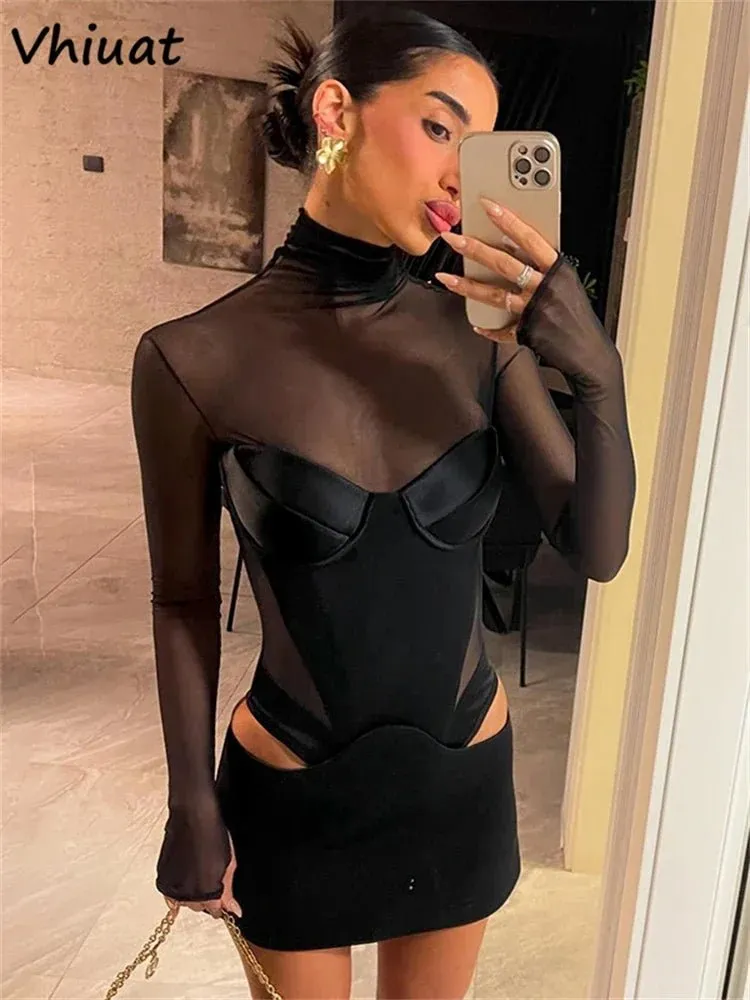 Sheer Mesh Long Sleeve Satin Mini Dress – Sexy High Neck Bodycon Partywear
