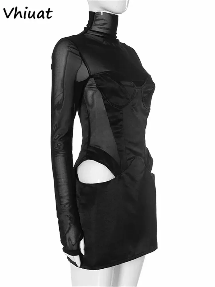 Sheer Mesh Long Sleeve Satin Mini Dress – Sexy High Neck Bodycon Partywear