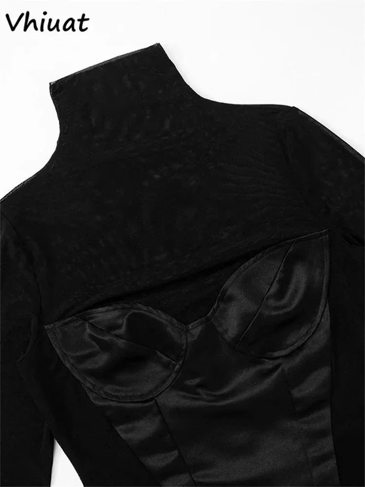 Sheer Mesh Long Sleeve Satin Mini Dress – Sexy High Neck Bodycon Partywear
