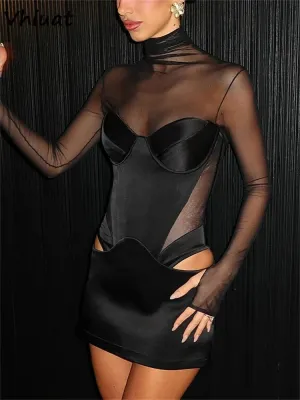 Sheer Mesh Long Sleeve Satin Mini Dress – Sexy High Neck Bodycon Partywear