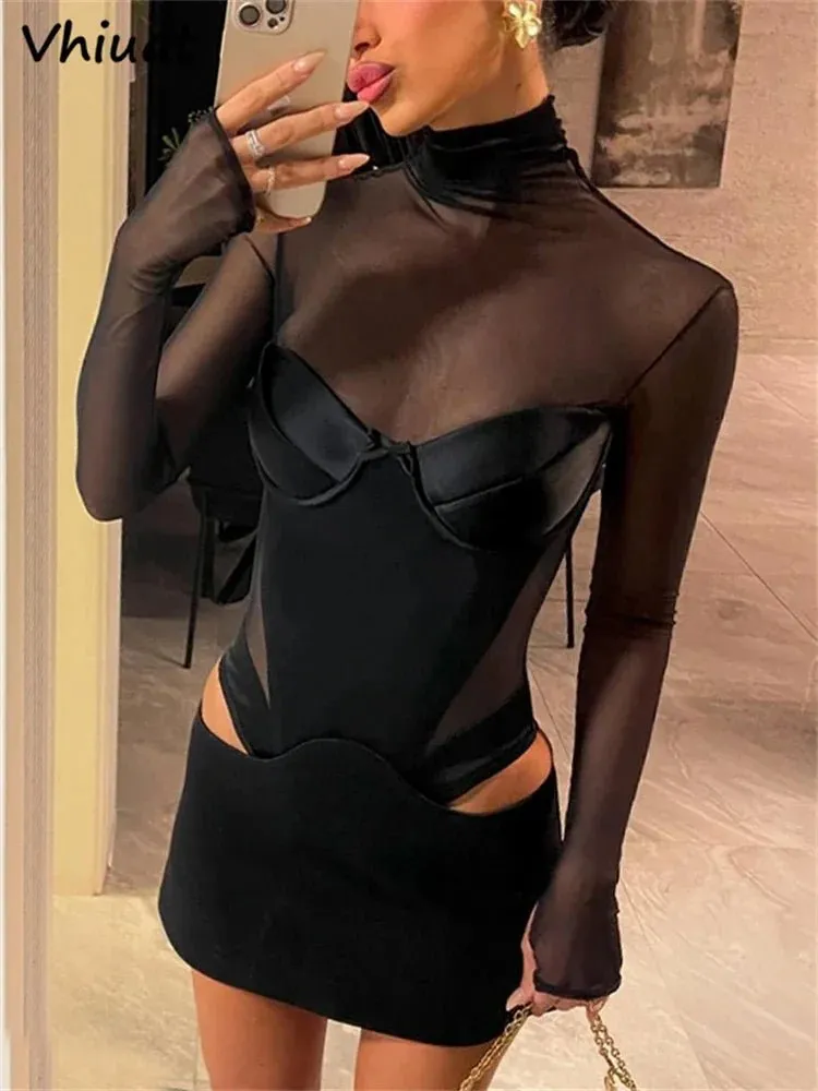 Sheer Mesh Long Sleeve Satin Mini Dress – Sexy High Neck Bodycon Partywear