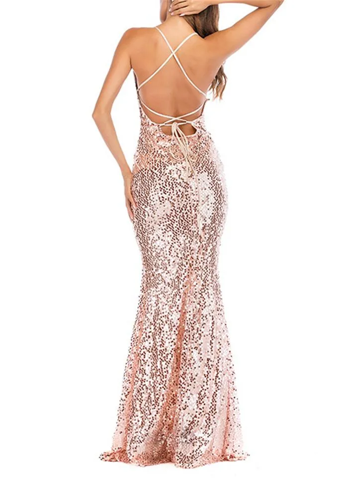 Shiny Sequined Spaghetti Strap Backless Maxi Dress for Party
