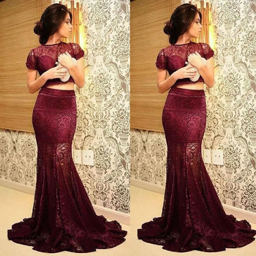 short sleeve Burgundy evening dresses long mermaid lace appliqué elegant 2 piece evening gown formal dress
