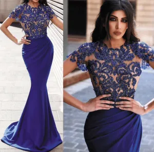 short sleeve mermaid evening dresses long lace appliqué beaded royal blue elegant evening gown 2020