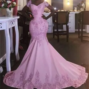 short sleeve pink evening dresses long Lace Applique mermaid modest elegant African evening gown 2021