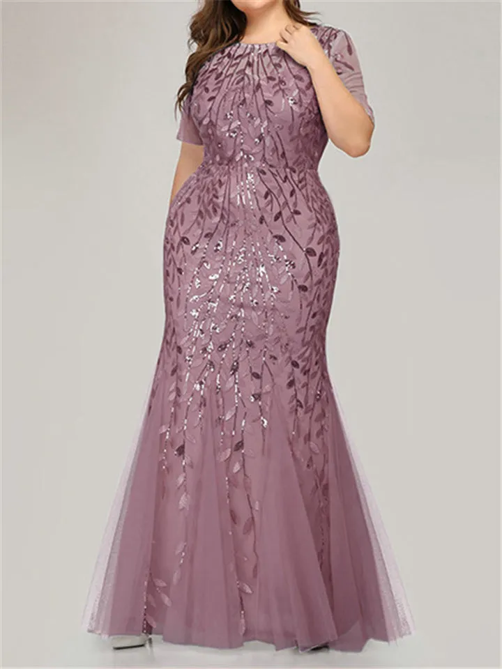Short Sleeve Sequined Mesh Mermaid Slim Evening Dress