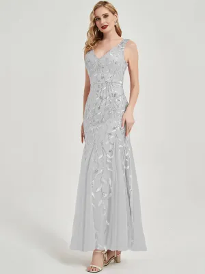 Silver Grey V-Neck Leaves Tulle Sequined Mermaid Maxi Evening Dress
