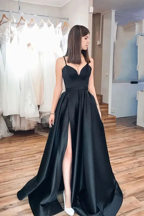 Simple Black Spaghetti Strap Satin Long Prom Dress Evening Dress,MP523