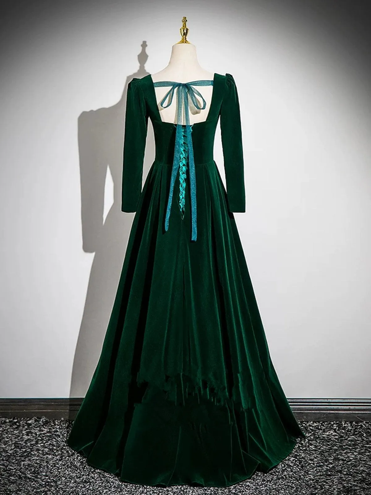 Simple Long Sleeves A-line Green Beaded Prom Dress, Green Velvet Party Dress