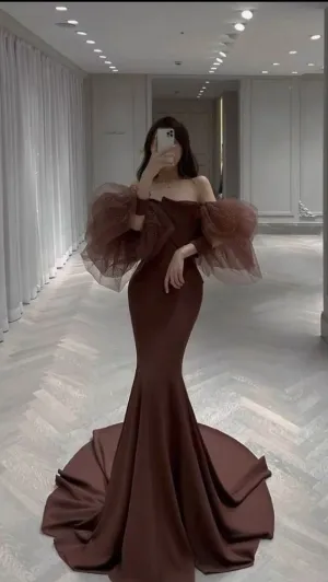 Simple Mermaid Prom Dress Strapless Evening Dress Tulle Sleeves       fg450