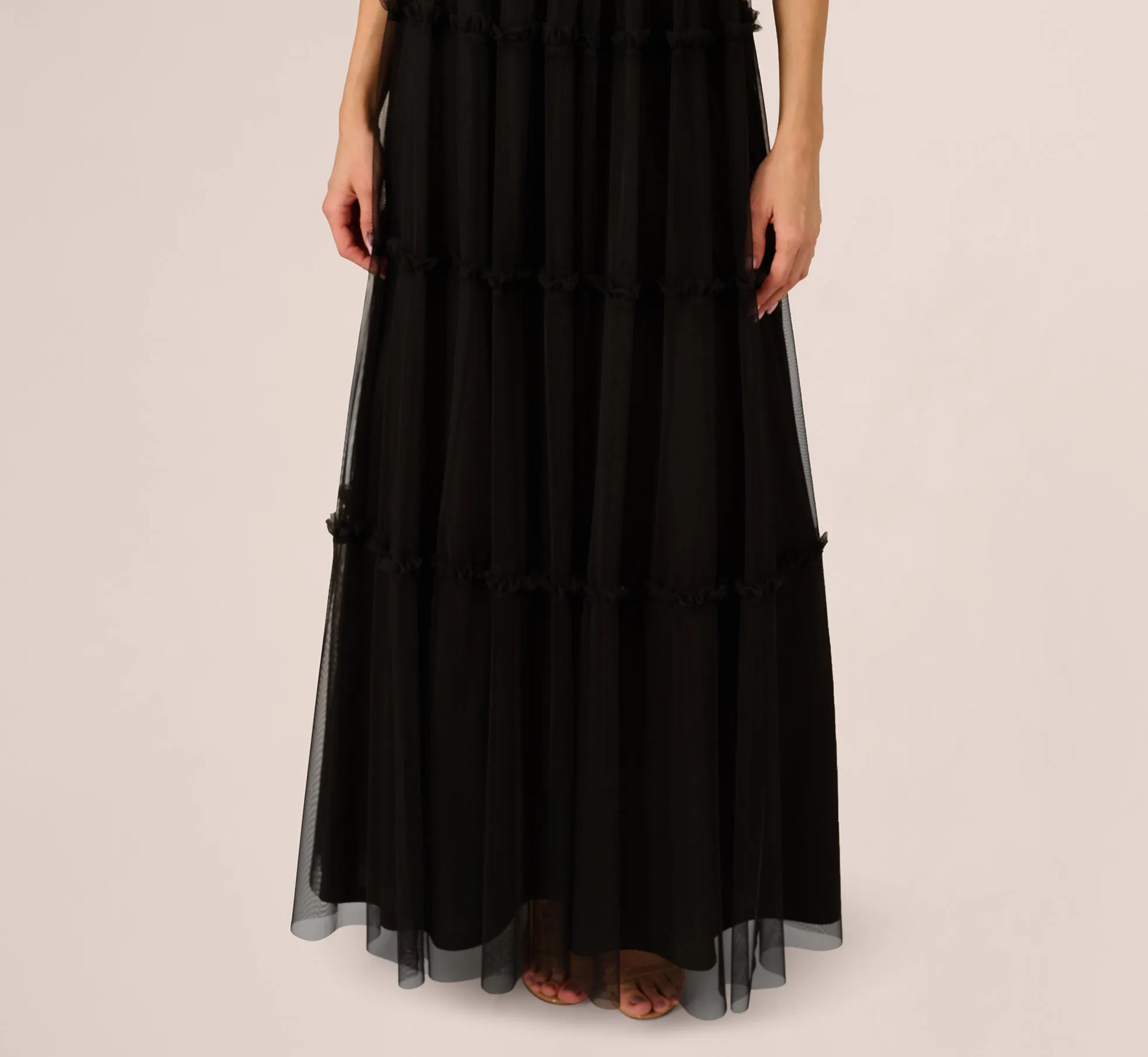 Sleeveless Notch Neck Tiered Mesh Gown In Black