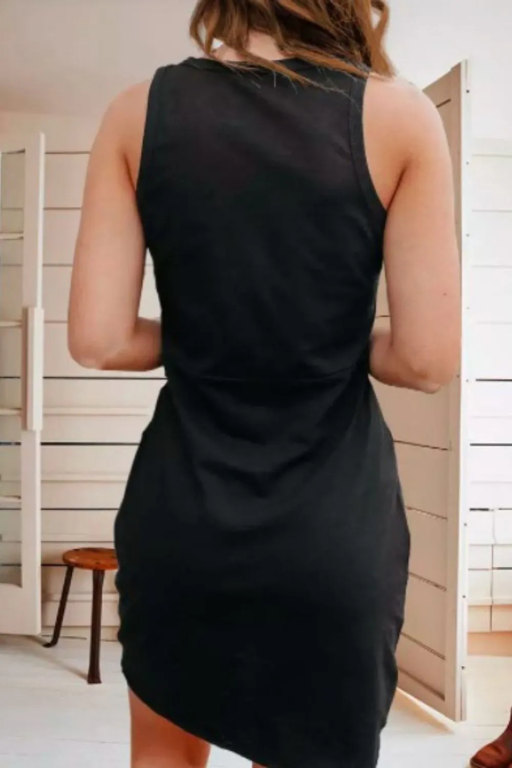 Snap Button Scoop Neck  Pocket Sleeveless Mini Dress  In Black