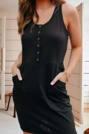 Snap Button Scoop Neck  Pocket Sleeveless Mini Dress  In Black
