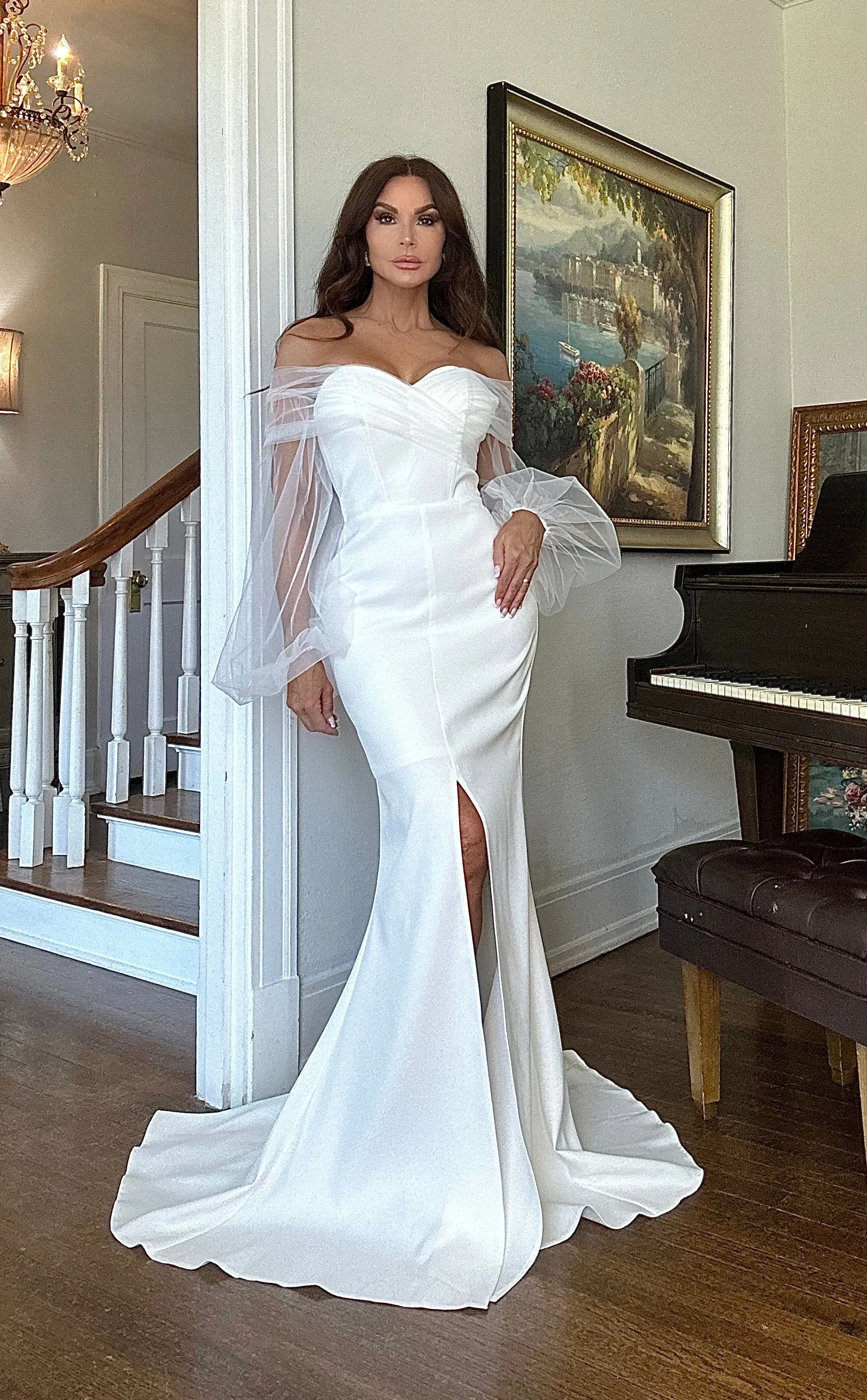 Snow off-white off-shoulder tulle sleeved formal with middle slit