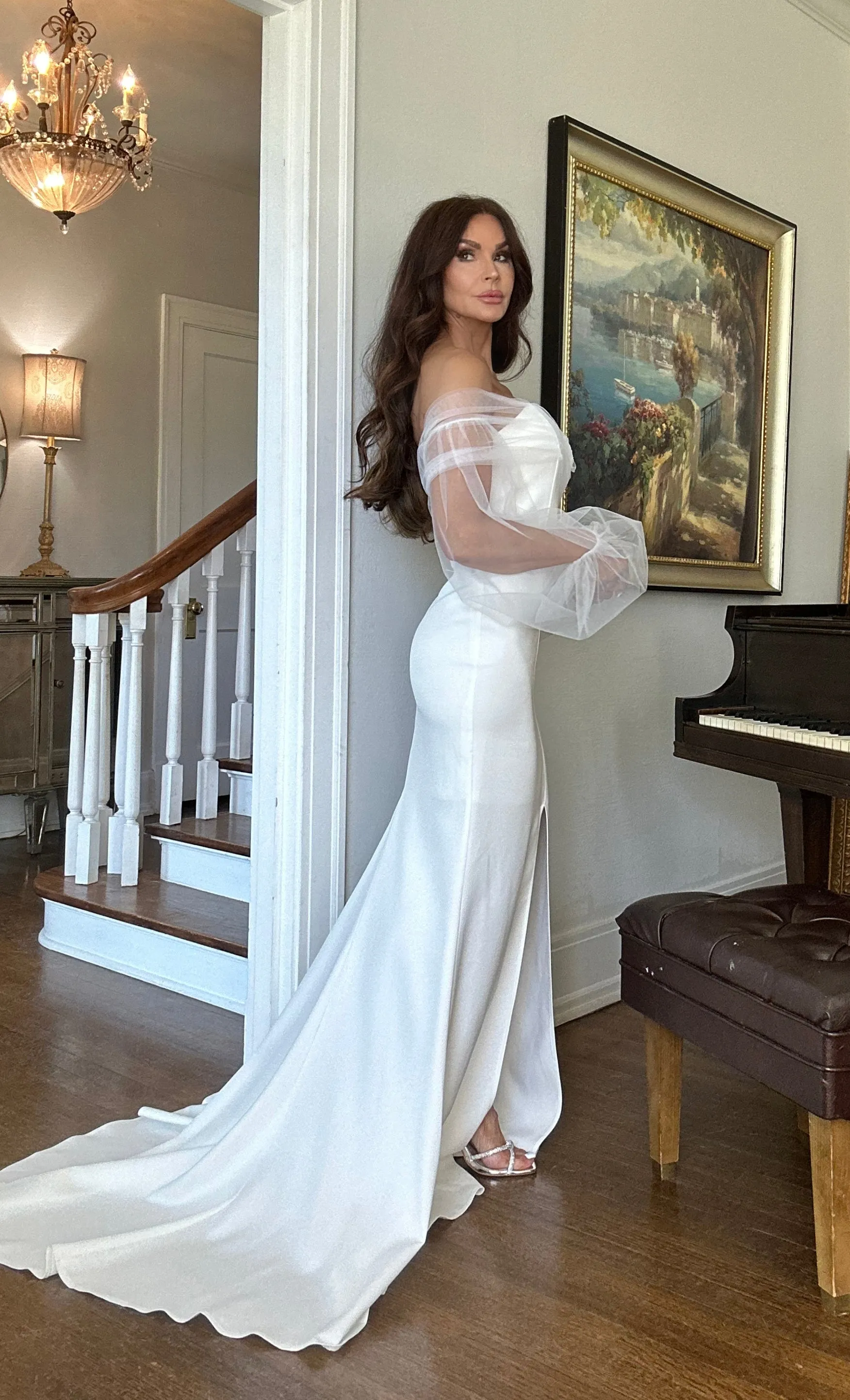Snow off-white off-shoulder tulle sleeved formal with middle slit