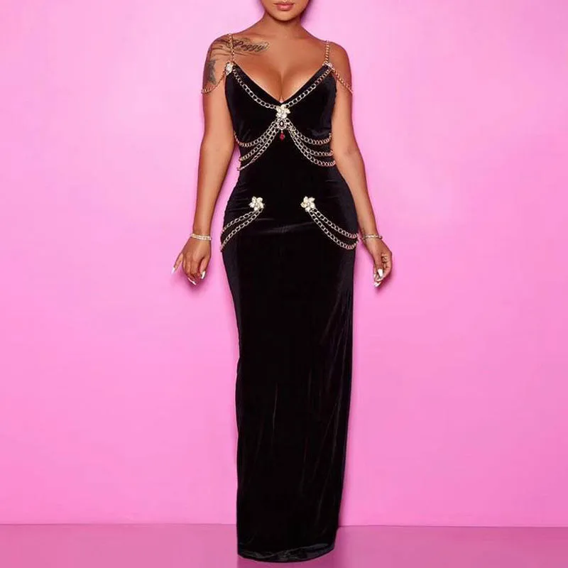 Solid Sleeveless Chains Decoration Evening Dress
