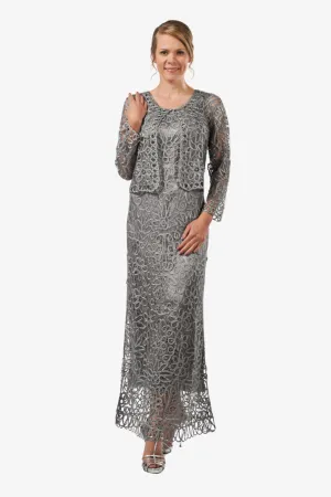 Soulmates C12016 Beaded Silk Lace 2-Piece Maxi Dress - Pewter