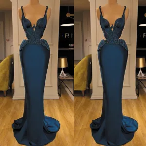 spaghetti strap evening dresses long backless beaded appliqué teal green sexy formal dresses