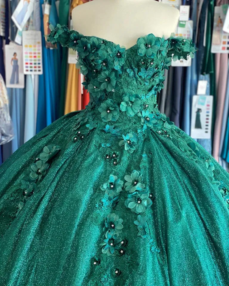 Sparkly Emerald Green Lace Floral Quinceanera Dresses Sequined Sweet 16 Dress Ball Gown Real Photos