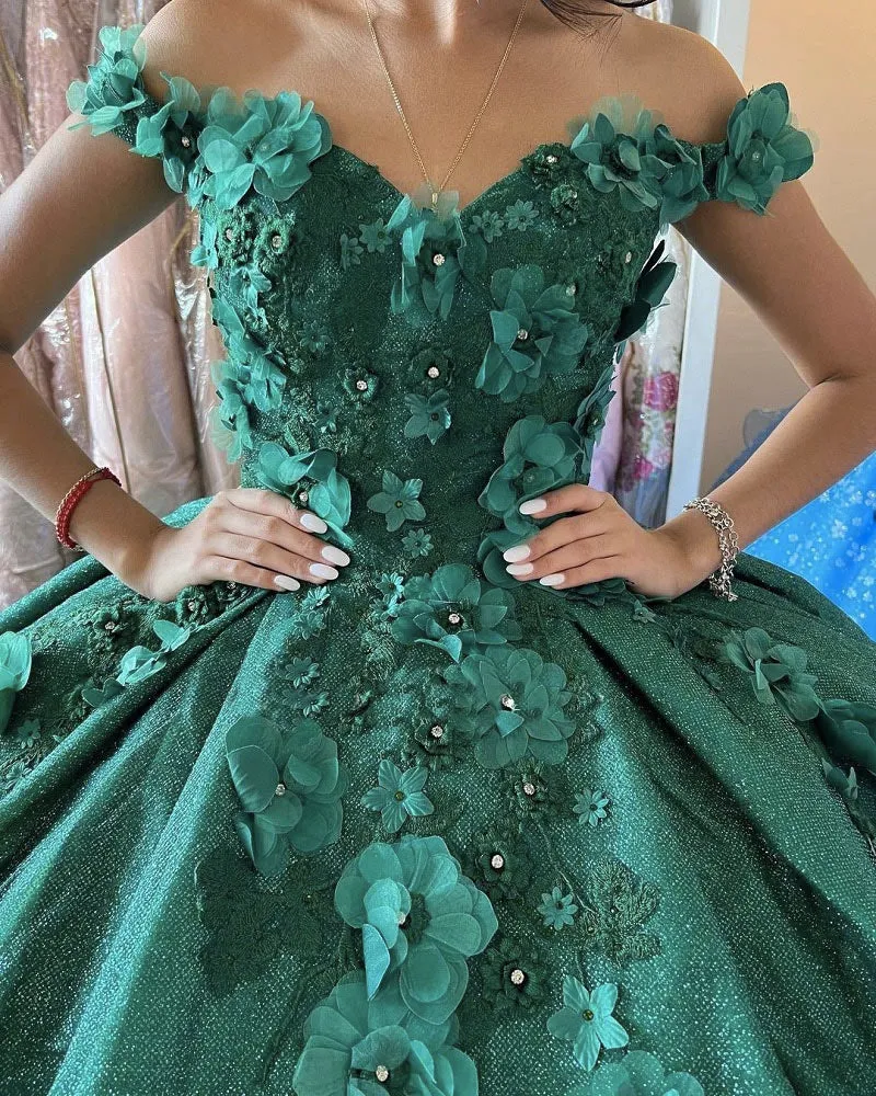Sparkly Emerald Green Lace Floral Quinceanera Dresses Sequined Sweet 16 Dress Ball Gown Real Photos
