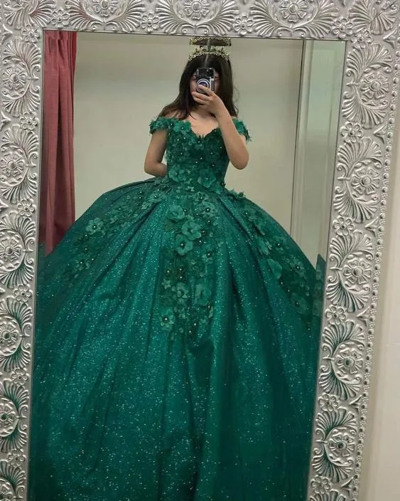 Sparkly Emerald Green Lace Floral Quinceanera Dresses Sequined Sweet 16 Dress Ball Gown Real Photos