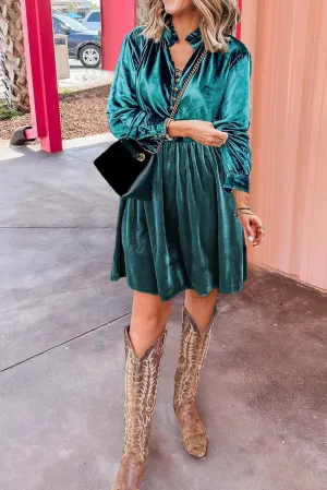 Stone Green Velvet Buttoned Front Ruffled Mini Dress