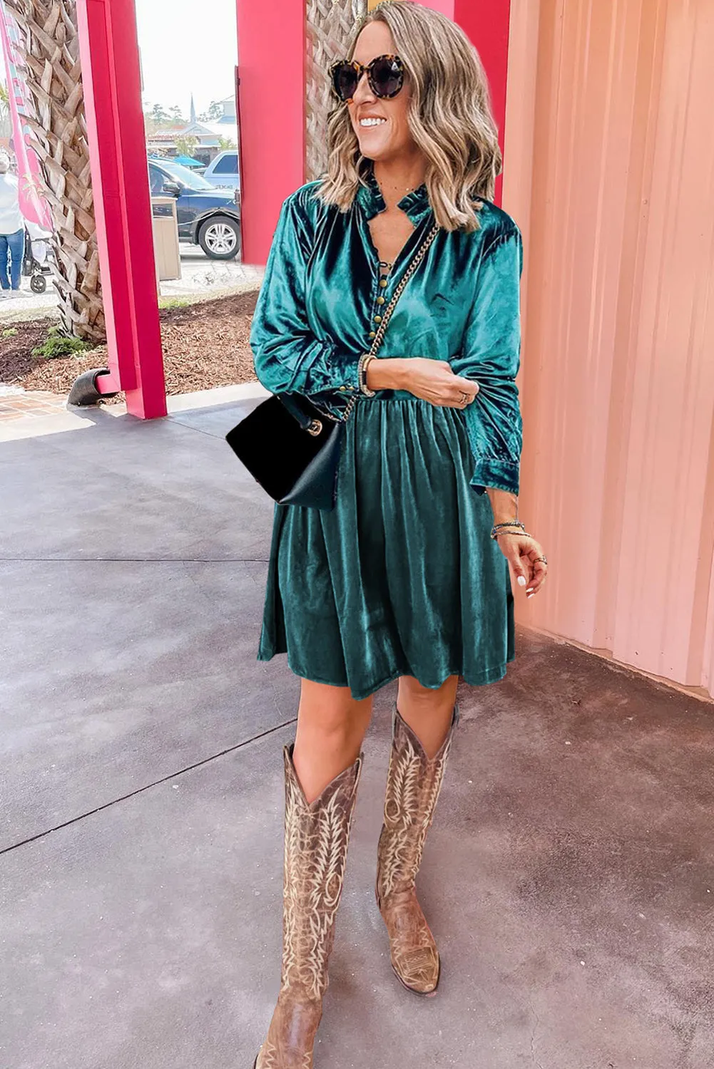Stone Green Velvet Buttoned Front Ruffled Mini Dress