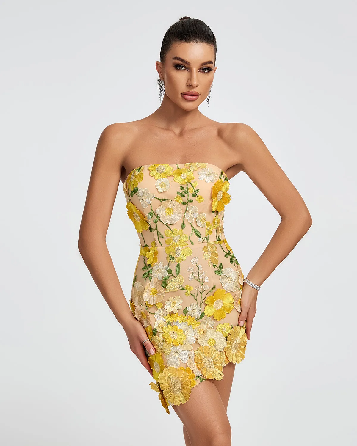 Strapless 3D Floral Mini Dress