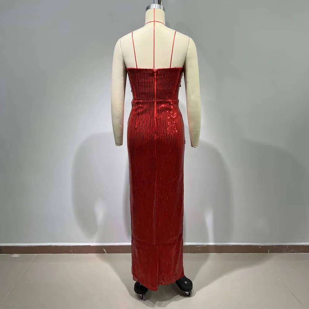 Strapless 3D Sequins Floral Maxi Dress HT989