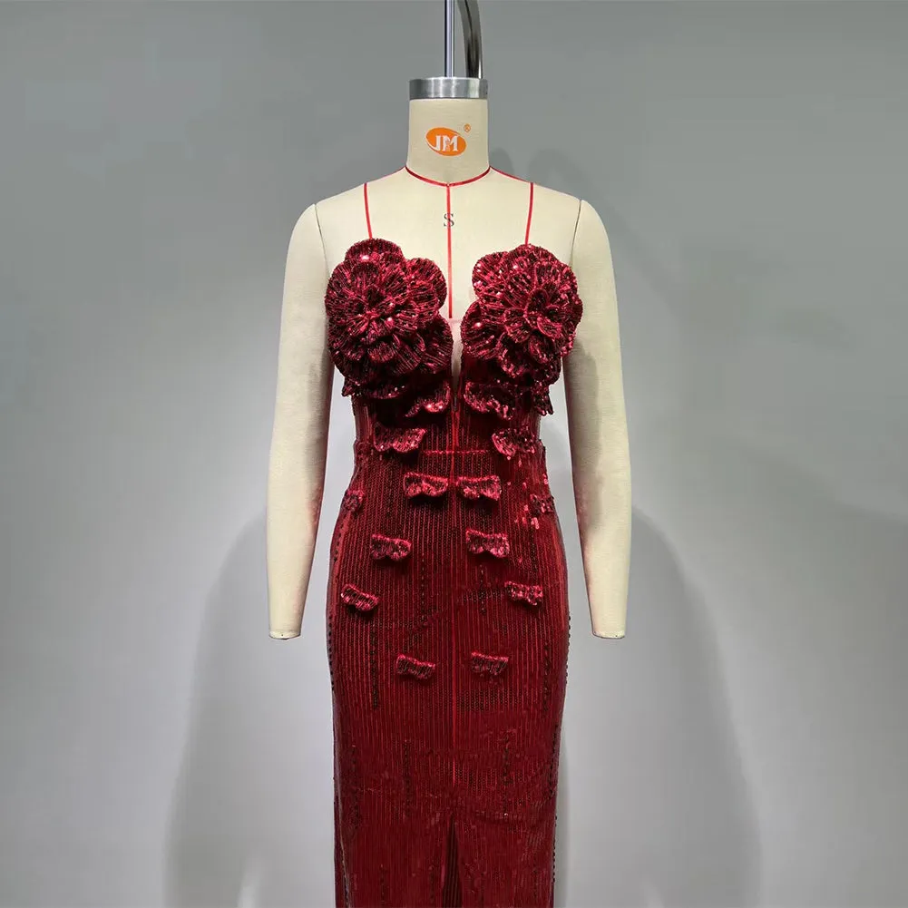 Strapless 3D Sequins Floral Maxi Dress HT989