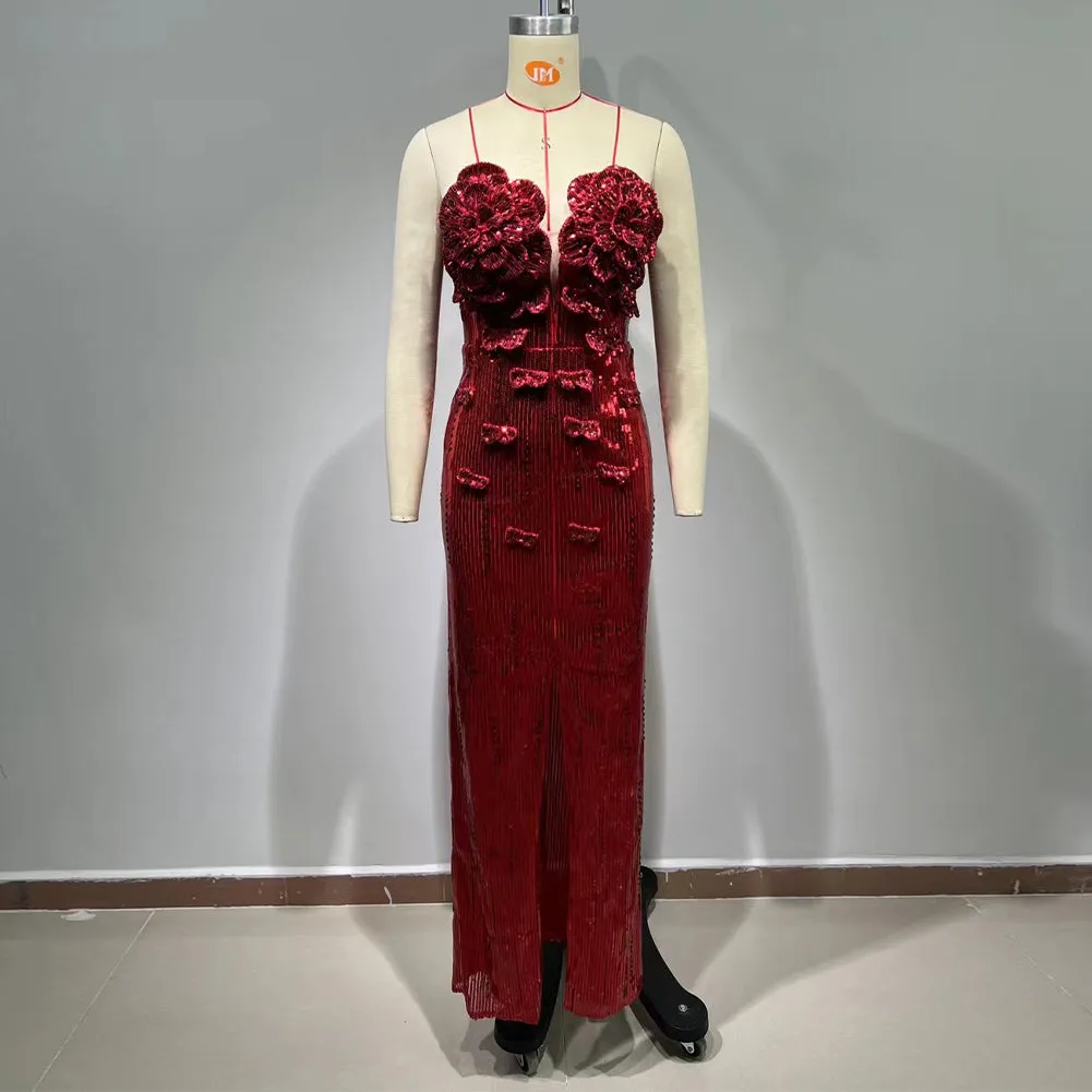 Strapless 3D Sequins Floral Maxi Dress HT989
