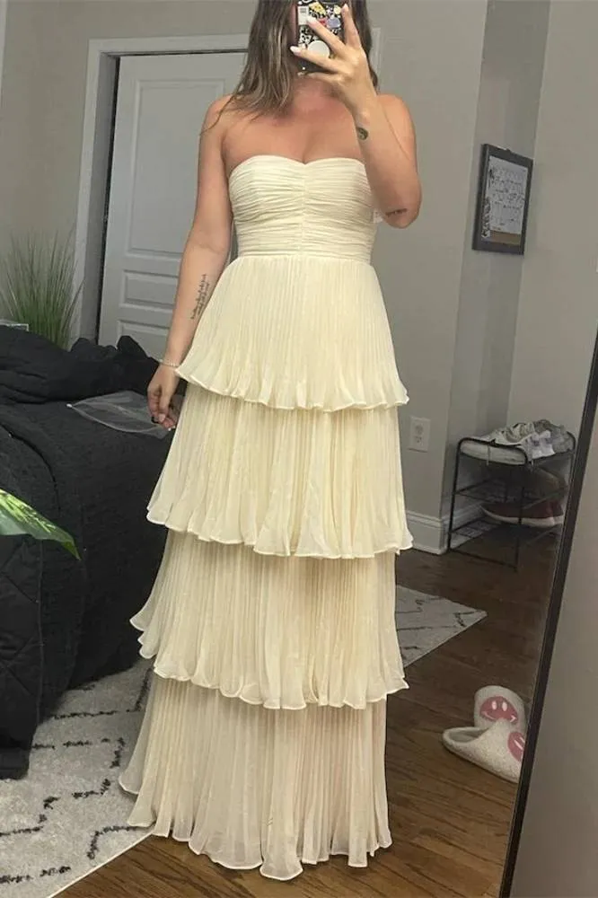 Strapless Emerald Green Ruffle Multi-Layer Long Prom Dress
